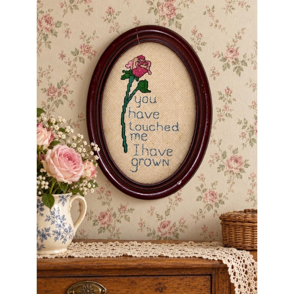 Vintage 1986 Rose Embroidery Oval Framed Wall Art Cottagecore Grandmacore Floral